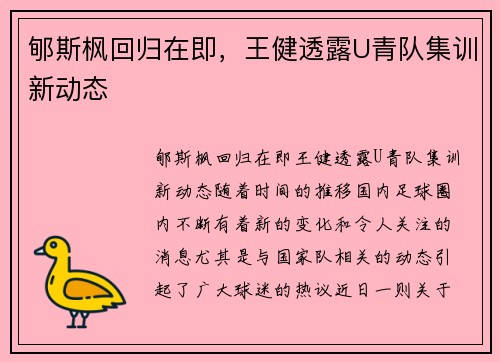 郇斯枫回归在即，王健透露U青队集训新动态